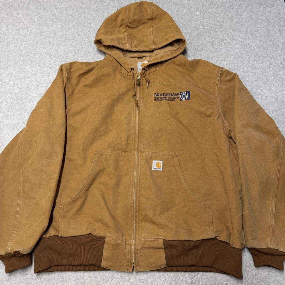 Carhartt Active Jacket Mens 2XL Brown Duck Canvas Hooded Insulated USA J131-BRN